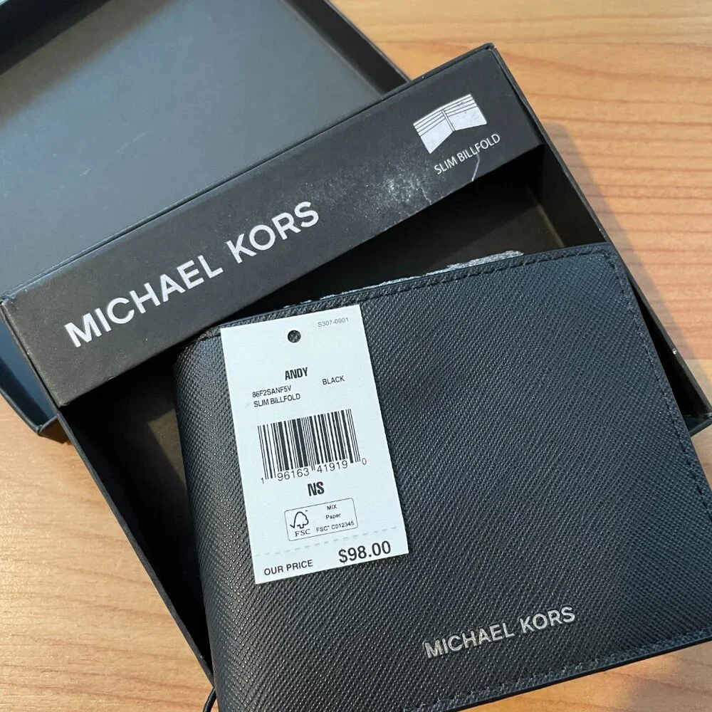 Michael Kors Men's Genuine Leather Andy Slim Black Billfold Wallet. BRAND NEW!